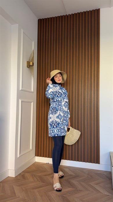 MEYSA TESETTÜR MAYO Mavi Etnik Desenli Üçlü Tesettür Mayo Seti