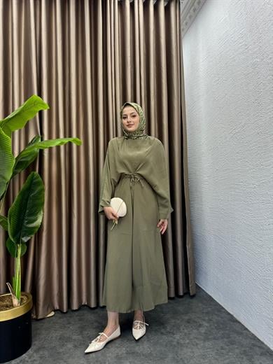 MEYSADESIGN ELBİSELER Beli Bağlamalı Tensel Elbise Haki