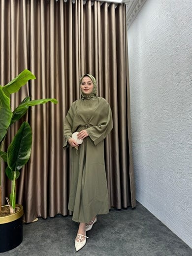 MEYSADESIGN ELBİSELER Beli Bağlamalı Tensel Elbise Haki