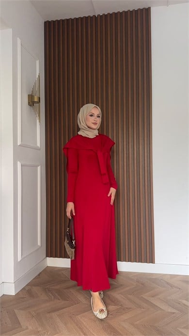 MEYSADESIGN ELBİSELER İdil Oysh Yakalı Elbise Kırmızı