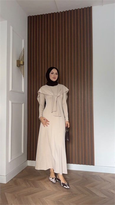 MEYSADESIGN ELBİSELER İdil Oysh Yakalı Elbise Bej