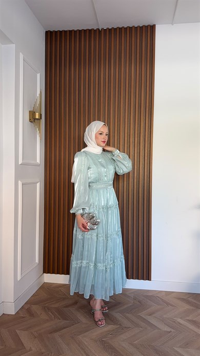 MEYSADESIGN ELBİSELER İthal Parıltılı Elbise Su Yeşili