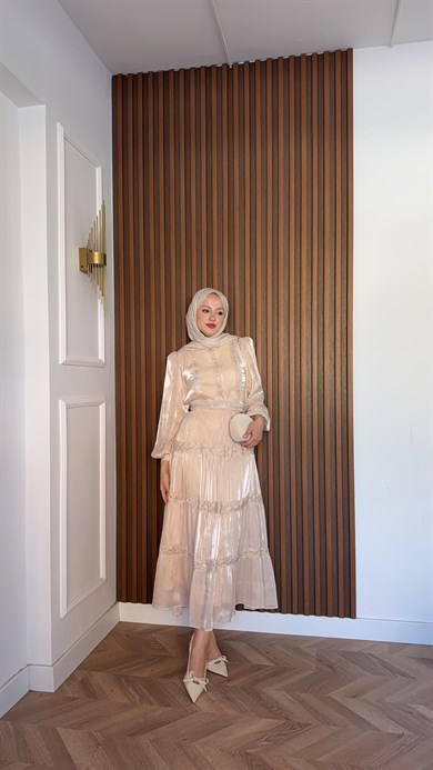 MEYSADESIGN ELBİSELER İthal Parıltılı Elbise Bej