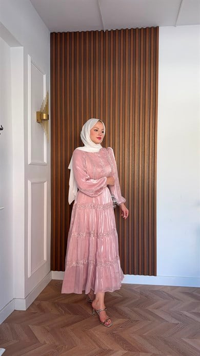 MEYSADESIGN ELBİSELER İthal Parıltılı Elbise Pembe