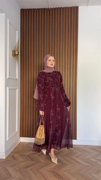MEYSADESIGN DRESSES Lara Baskılı Desenli Şifon Elbise Bordo