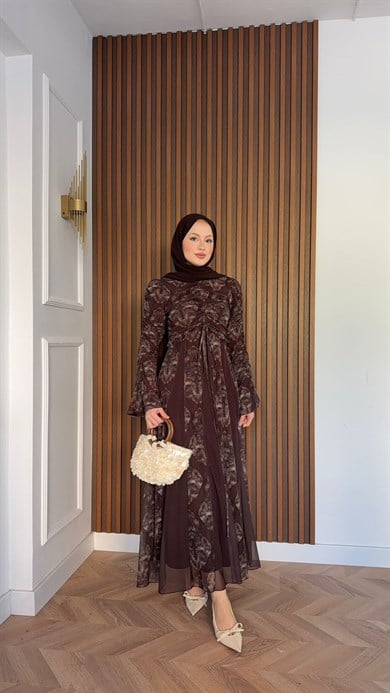 MEYSADESIGN DRESSES Lara Baskılı Desenli Şifon Elbise Kahve