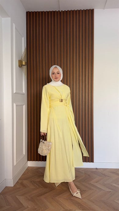 MEYSADESIGN DRESSES Princess Gold Tokalı Tensel Elbise Sarı