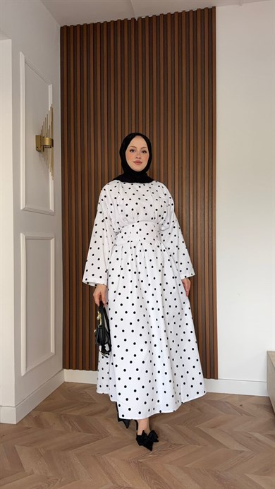 MEYSADESIGN ELBİSELER Puantiyeli Beli Pensli Elbise Beyaz