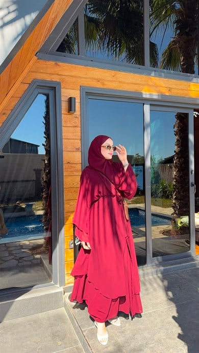 MEYSADESIGN ELBİSELER Sare Üç Parçalı Abaya Bordo