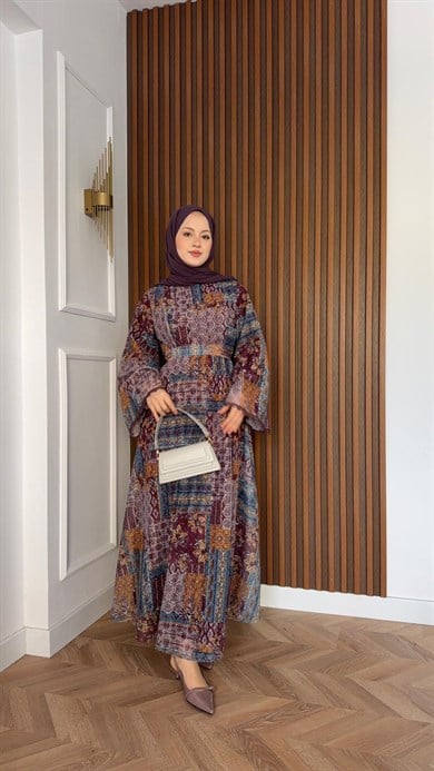 MEYSADESIGN ELBİSELER Sofa Desenli Güpür Elbise Mürdüm