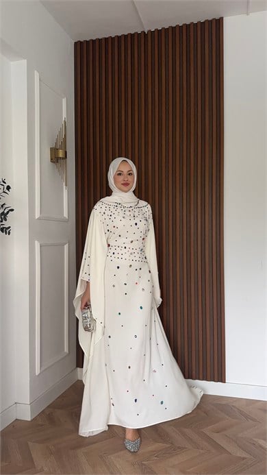 MEYSADESIGN ELBİSELER Tasarım Taşlı Sisi Yarasa Kol Abaya Beyaz