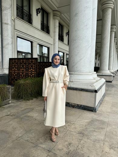 MEYSADESIGN ELBİSELER Vatkalı Puf Scuba Elbise Beyaz