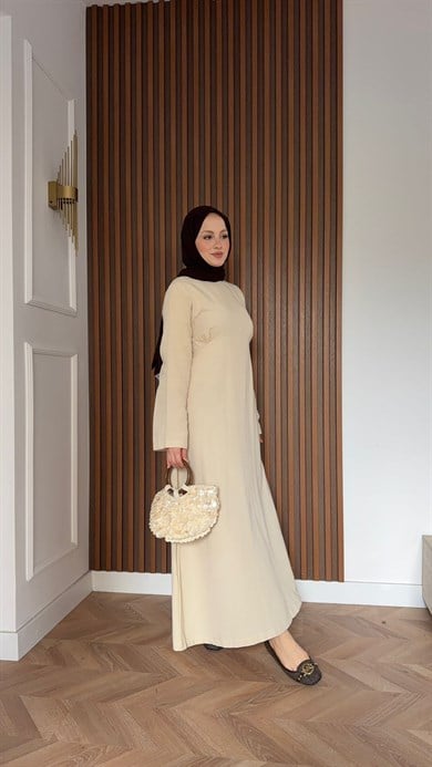 MEYSADESIGN ELBİSELER Yalıkavak Bel Detaylı Elbise Bej