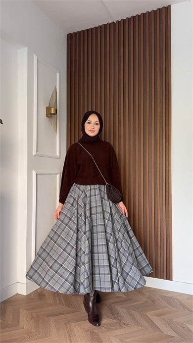 MEYSADESIGN ETEK Ekose Etek Gri Mavi Desenli