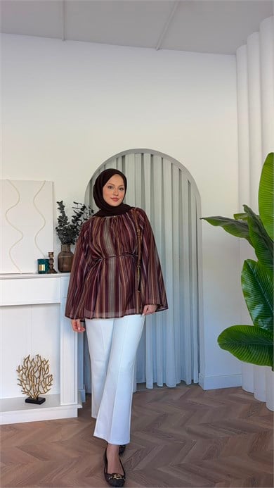 MEYSADESIGN GÖMLEK Çizgili Vual Gömlek Bordo
