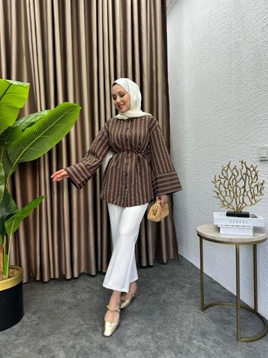 MEYSADESIGN GÖMLEK Zr Muadil Çizgili Keten Gömlek Kahve