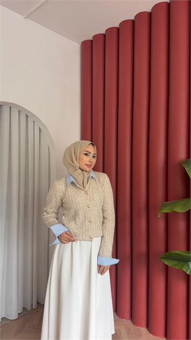 MEYSADESIGN HIRKA Gömlek Yakalı Triko Hırka Bej