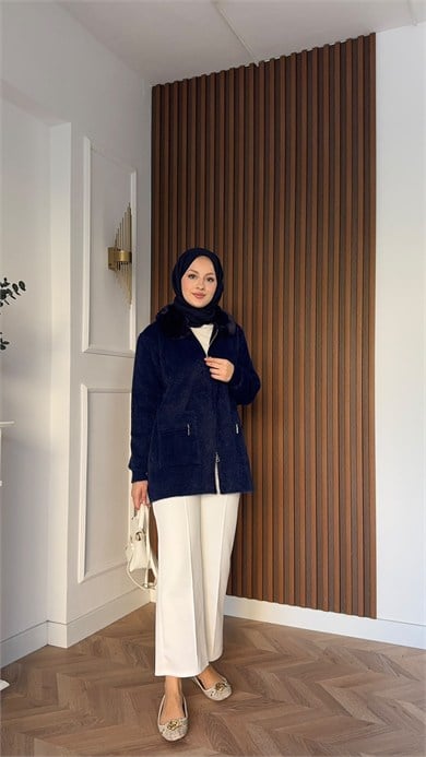 MEYSADESIGN HIRKA Kürklü Angora Hırka Lacivert