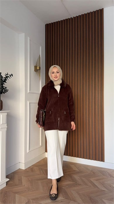 MEYSADESIGN HIRKA Kürklü Angora Hırka Acı Kahve