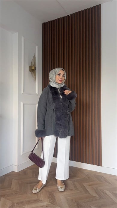 MEYSADESIGN HIRKA Monro Kürk Detaylı Triko Hırka Antrasit