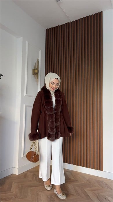 MEYSADESIGN HIRKA Monro Kürk Detaylı Triko Hırka Acı Kahve