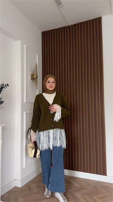 MEYSADESIGN HIRKA Örme Triko Hırka Dantel Detaylı Yağ Yeşili