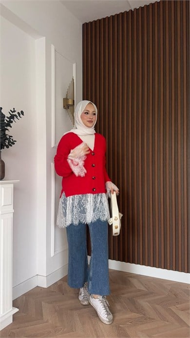 MEYSADESIGN HIRKA Örme Triko Hırka Dantel Detaylı Kırmızı