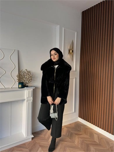 MEYSADESIGN KABAN Angora Kürk Kaban Siyah