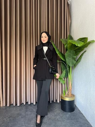 MEYSADESIGN KABAN Premium Kürk Yakalı Seyyar Kemerli Kaşe Kaban Siyah