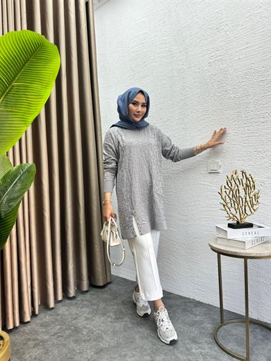 MEYSADESIGN MERSERİZE İnci İşlemeli Merserize Tunik Gri