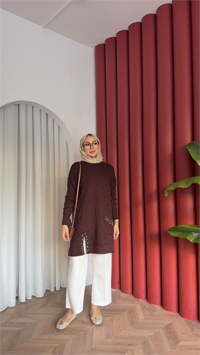 MEYSADESIGN MERSERİZE TUNİK İncili Merserize Tunik Acı Kahve