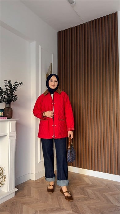 MEYSADESIGN MONT Kapitone Fularlı Mont Kırmızı