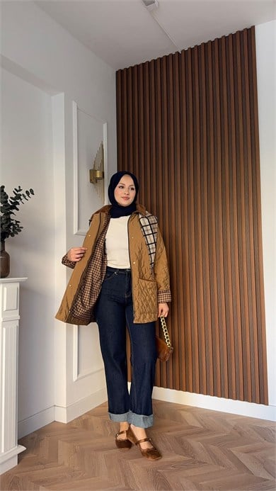 MEYSADESIGN MONT Kapitone Fularlı Mont Camel