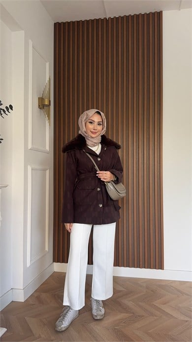 MEYSADESIGN MONT Mia Seyyar Kürk Yakalı Mont Acı Kahve