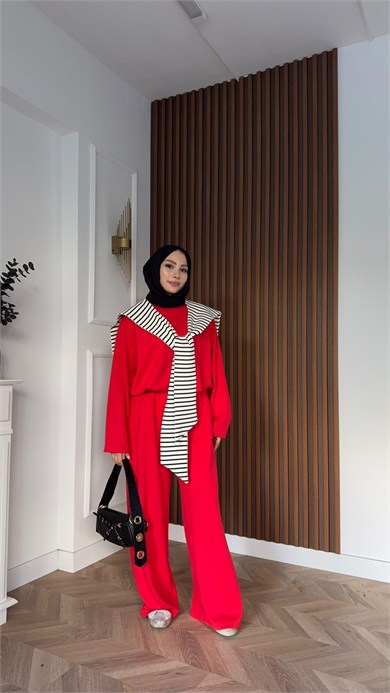 MEYSADESIGN PANTOLON TAKIM Çizgi Desen Atkılı Oysh İkili Takım Kırmızı
