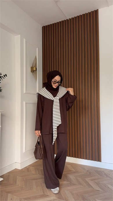 MEYSADESIGN PANTOLON TAKIM Çizgi Desen Atkılı Oysh İkili Takım Acı Kahve