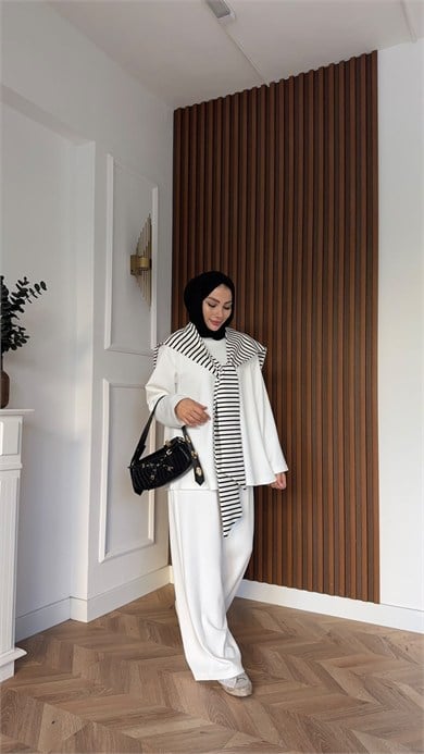 MEYSADESIGN PANTOLON TAKIM Çizgi Desen Atkılı Oysh İkili Takım Beyaz