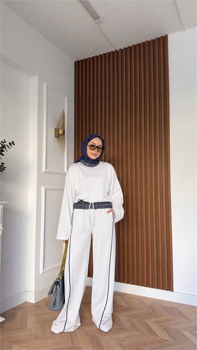 MEYSADESIGN PANTOLON TAKIM Ekose Detaylı İkili Takım Beyaz