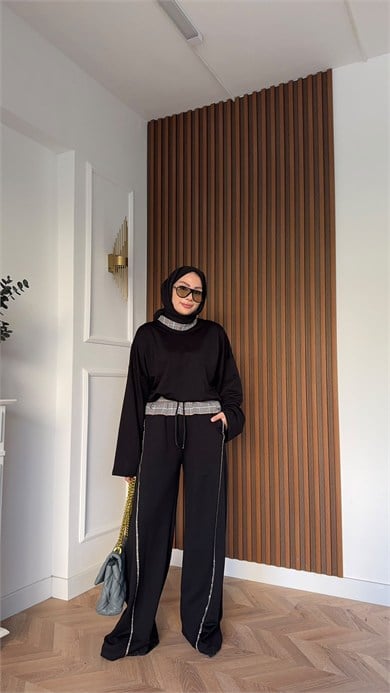 MEYSADESIGN PANTOLON TAKIM Ekose Detaylı İkili Takım Siyah