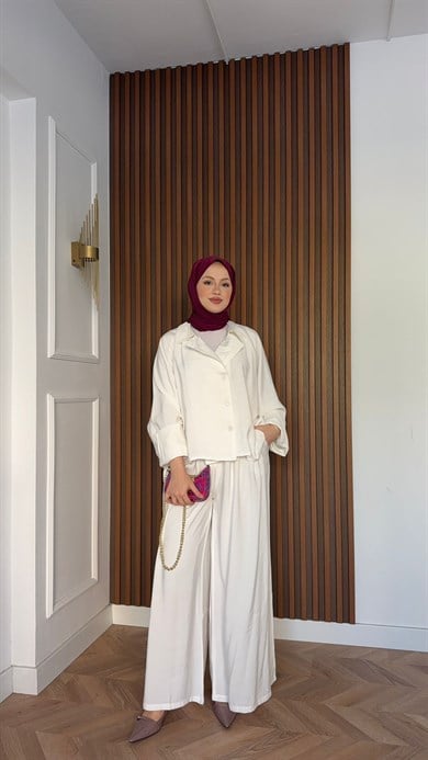 MEYSADESIGN TROUSER SETS Heon Tensel Pantolonlu Takım Beyaz