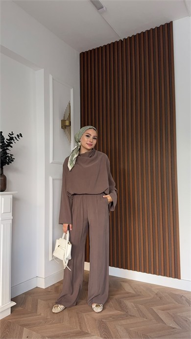 MEYSADESIGN PANTOLON TAKIM Qesa Dik Yaka İkili Takım Vizon