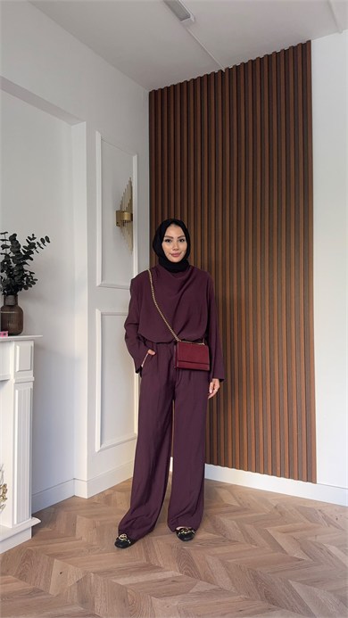 MEYSADESIGN PANTOLON TAKIM Qesa Dik Yaka İkili Takım Burgonya