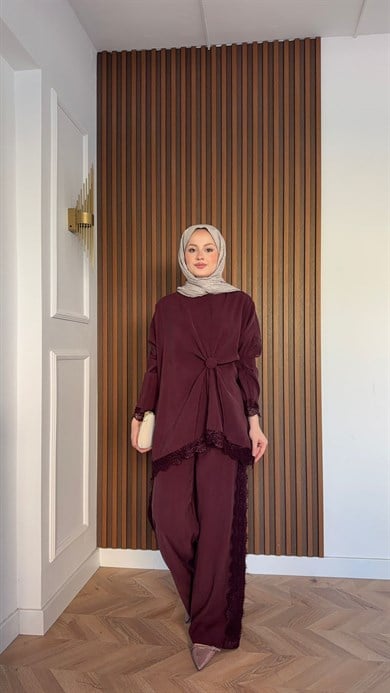 MEYSADESIGN TROUSER SETS Roi Dantelli Tensel Pantolonlu Takım Bordo