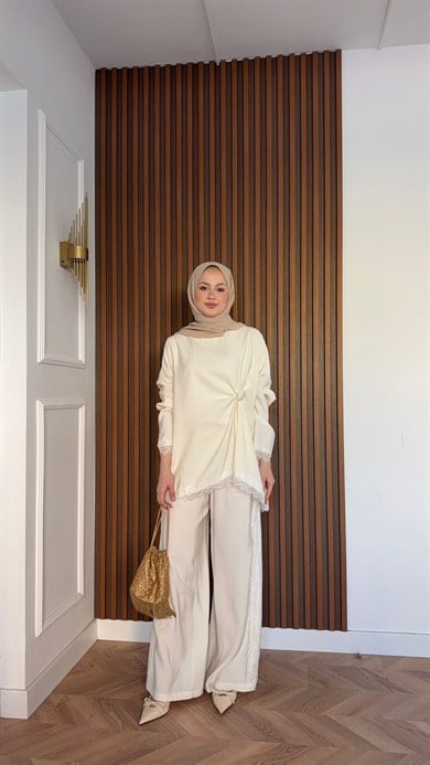 MEYSADESIGN TROUSER SETS Roi Dantelli Tensel Pantolonlu Takım Ekru