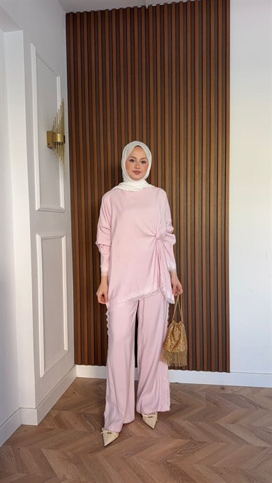 MEYSADESIGN TROUSER SETS Roi Dantelli Tensel Pantolonlu Takım Pembe