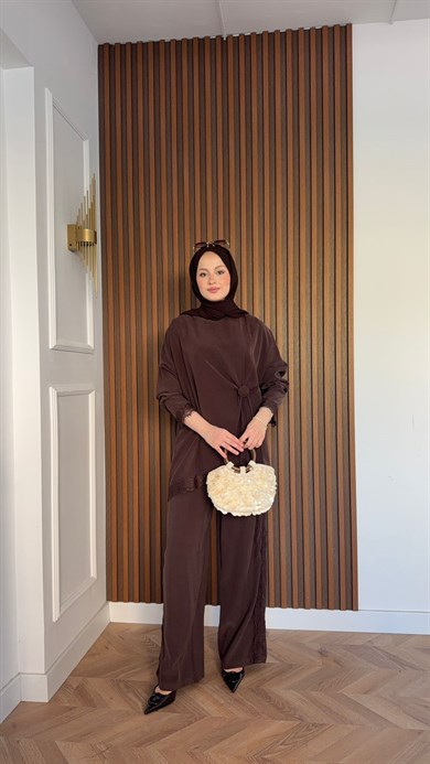 MEYSADESIGN TROUSER SETS Roi Dantelli Tensel Pantolonlu Takım Acı Kahve