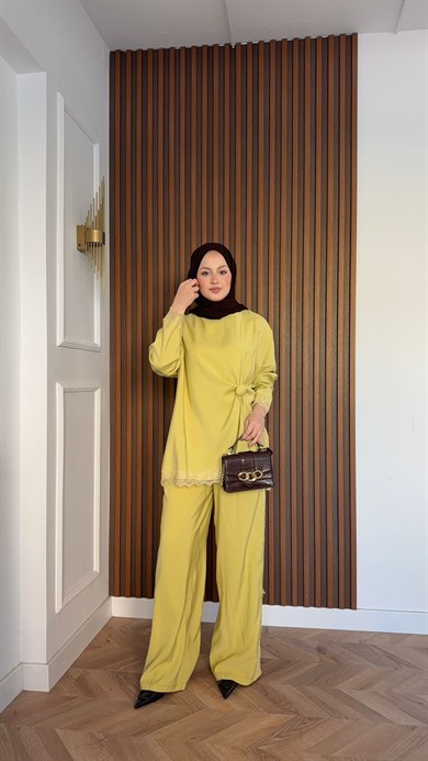 MEYSADESIGN TROUSER SETS Roi Dantelli Tensel Pantolonlu Takım Yağ Yeşili