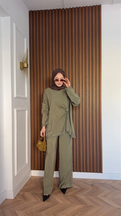 MEYSADESIGN TROUSER SETS Roi Dantelli Tensel Pantolonlu Takım Haki