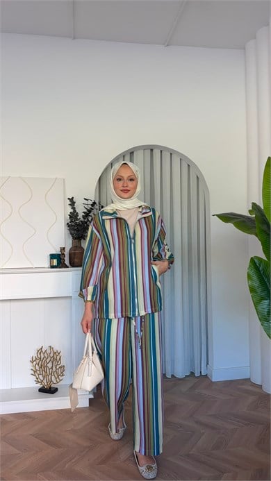 MEYSADESIGN PANTOLON TAKIM Romel Çizgili İkili Takım Yeşil