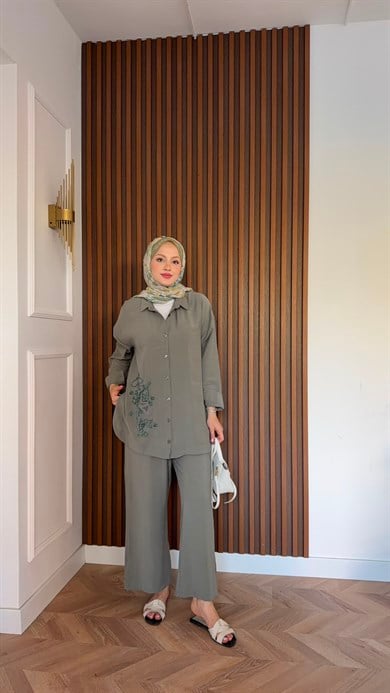 MEYSADESIGN PANTOLON TAKIM Vanilya Boncuk İşlemeli Tensel Pantolonlu Takım Haki